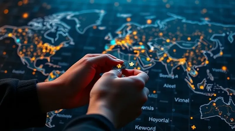 A photorealistic image of a person meticulously placing small, glowing digital pieces onto a large, intricate puzzle map of the internet, representing advanced SEO strategies. The pieces are keywords and backlinks. Cinematic lighting, sharp focus on the hands and puzzle, depth of field blurring the background. 8K hyper-detailed, professional photography.