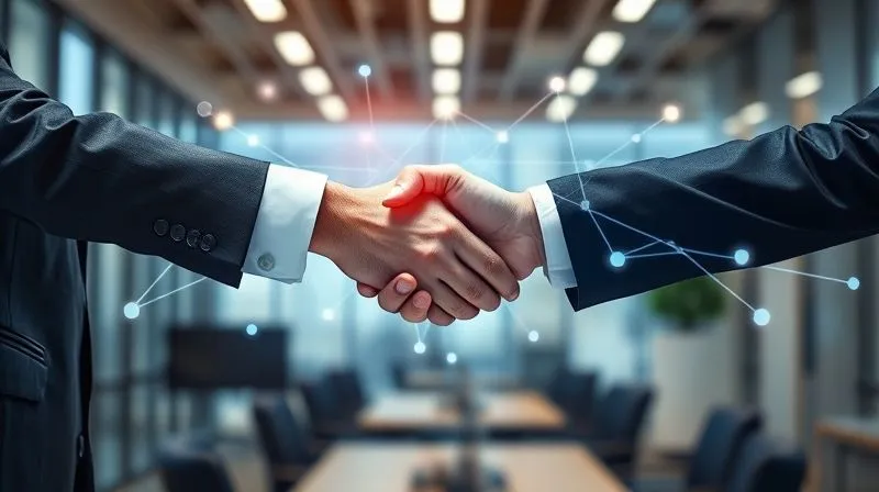A photorealistic image of two business people shaking hands over a holographic projection of a complex digital network, symbolizing strategic partnerships in the tech affiliate space. Cinematic lighting, sharp focus on the handshake and hologram, depth of field blurring a modern office background. 8K hyper-detailed, professional photography.