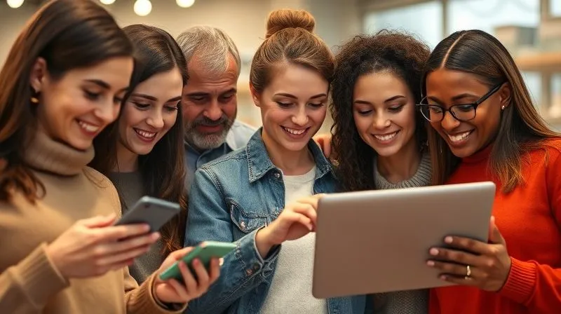 A photorealistic image of a diverse group of people from different age groups and backgrounds, each looking at a different digital device (smartphone, tablet, laptop), all engaged in online shopping or content consumption. The image should convey a sense of distinct individual needs and preferences within a larger online community. Cinematic lighting, sharp focus, depth of field, 8K, professional photography.