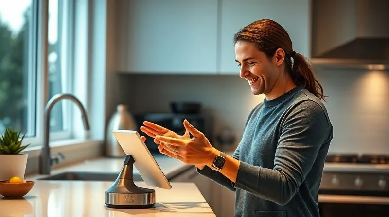 A photorealistic image of a person happily using a new kitchen gadget, demonstrating its features in a well-lit, modern kitchen. The focus is on the ease of use and the tangible benefits of the product, with cinematic lighting and sharp details. 8K, professional photography.