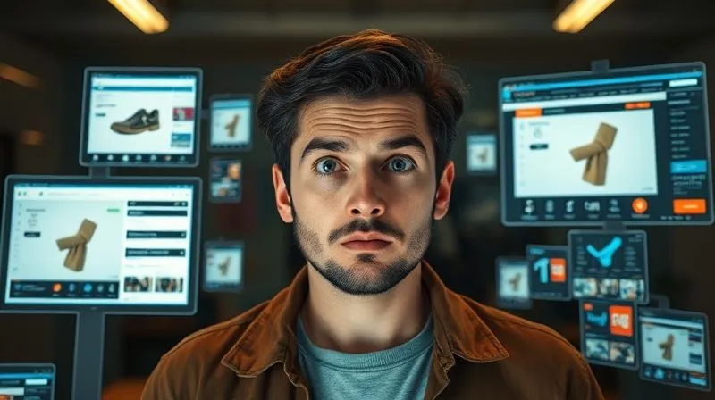 A photorealistic representation of digital ads following a person across different online platforms (social media, news websites), showing an item they previously viewed in an e-commerce store. The person looks slightly surprised but intrigued. Cinematic lighting, sharp focus on the digital screens and the person, 8K, professional photography.