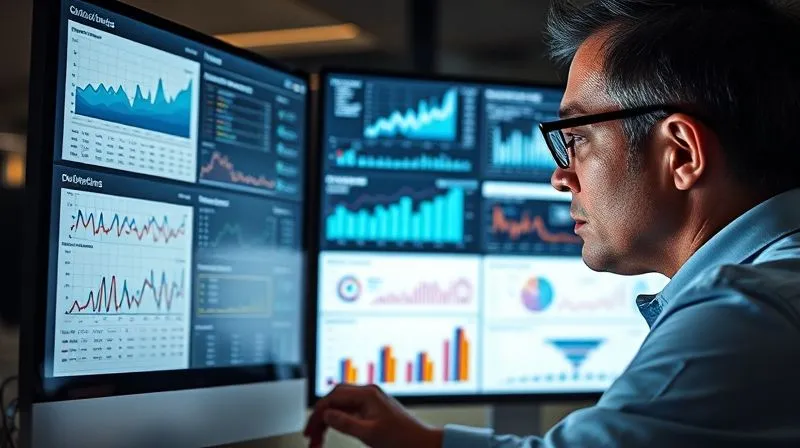 A photorealistic image of a data analyst intently looking at multiple screens displaying complex dashboards with charts, graphs, and conversion funnels, highlighting key performance indicators. The atmosphere is focused and analytical, with sharp details and cinematic lighting. 8K, professional photography.