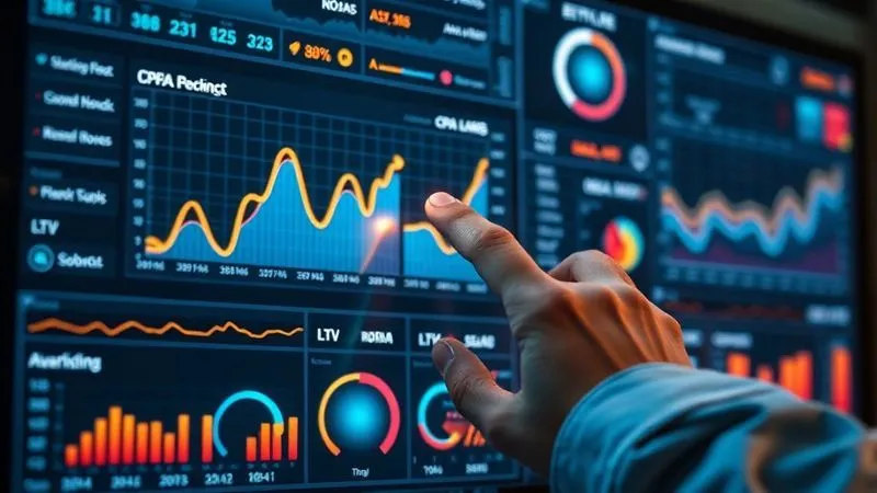 A photorealistic dashboard displaying complex marketing analytics, with glowing graphs and charts indicating CPA, ROAS, and LTV. A hand is interacting with a touchscreen, highlighting a specific metric. Professional photography, 8K, cinematic lighting, sharp focus on the dashboard, depth of field, shot on a high-end DSLR. The mood is one of data-driven decision making.