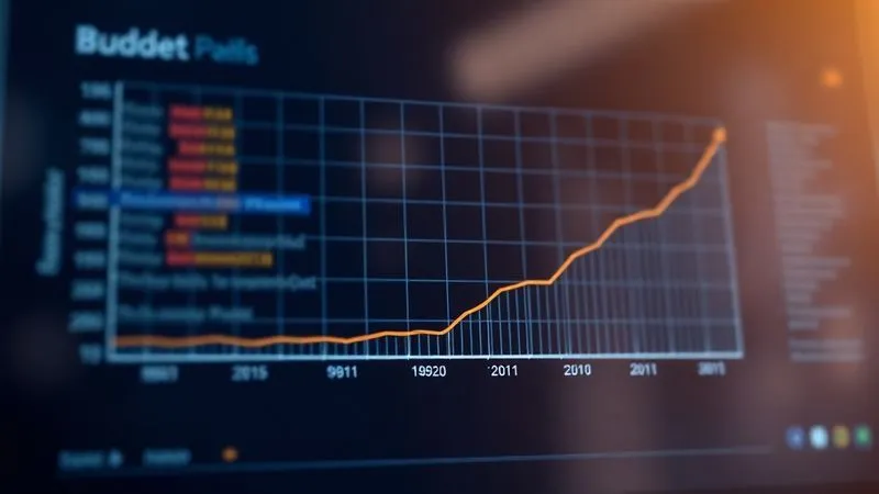 A photorealistic line graph showing a steady, controlled increase in budget followed by a corresponding increase in profit, with annotations indicating monitoring points. The graph is displayed on a clean, modern digital interface. Professional photography, 8K, cinematic lighting, sharp focus on the graph, depth of field, shot on a high-end DSLR. The image conveys intelligent, measured growth.