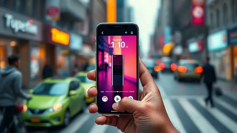 A photorealistic, highly engaging video ad playing on a smartphone screen, showcasing a product's transformation effect with vibrant colors and clear, concise text overlays. The smartphone is held by a diverse hand, with a blurred background of a bustling city street. Professional photography, 8K, cinematic lighting, sharp focus on the phone screen, depth of field, shot on a high-end DSLR. The image conveys effective, modern advertising.