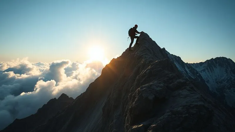 A photorealistic image of a lone, determined climber ascending a steep, jagged mountain peak, with the sun breaking through clouds at the summit. The climber's silhouette is strong and purposeful against a dramatic sky. Professional photography, 8K, cinematic lighting, sharp focus on the climber, depth of field, shot on a high-end DSLR. The image evokes resilience, perseverance, and the achievement of difficult goals.