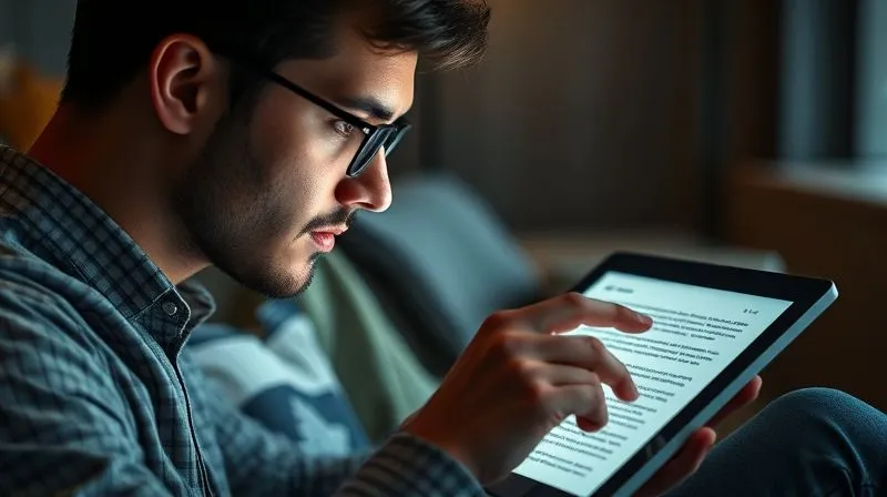 A photorealistic image of a person thoughtfully reading a product review on a tablet, with subtle visual cues of decision-making and trust, cinematic lighting, sharp focus on the tablet, depth of field, 8K hyper-detailed, professional photography, shot on a high-end DSLR.