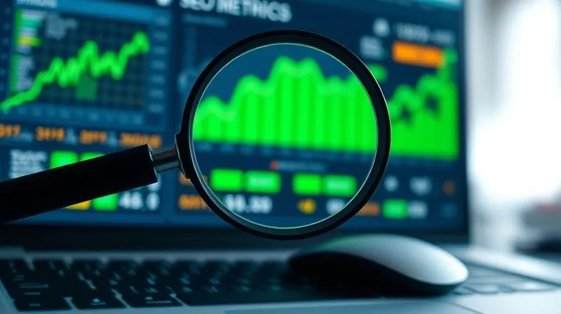 A photorealistic image of a magnifying glass hovering over a website's SEO metrics dashboard, showing green upward-trending graphs, with a keyboard and mouse in the foreground. Cinematic lighting, sharp focus on the dashboard, depth of field, 8K hyper-detailed, professional photography, shot on a high-end DSLR.