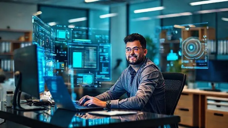 A photorealistic image of a digital affiliate marketer sitting at a desk, surrounded by holographic data visualizations and AI interfaces, looking empowered and confident. Cinematic lighting, sharp focus on the marketer and the interactive displays, depth of field blurring the background of a modern, organized office. 8K hyper-detailed, professional photography, shot on a high-end DSLR.