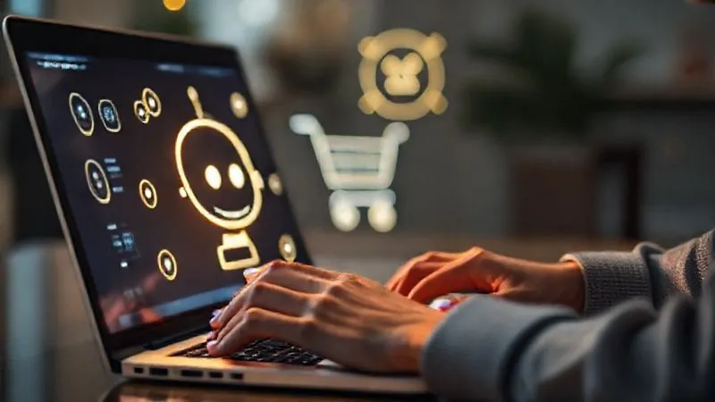 A photorealistic image of a friendly, glowing AI chatbot interface interacting with a user on a laptop screen, with a shopping cart icon in the background, symbolizing assistance and conversion. Cinematic lighting, sharp focus on the chatbot interface, depth of field blurring the user's hands. 8K hyper-detailed, professional photography, shot on a high-end DSLR.