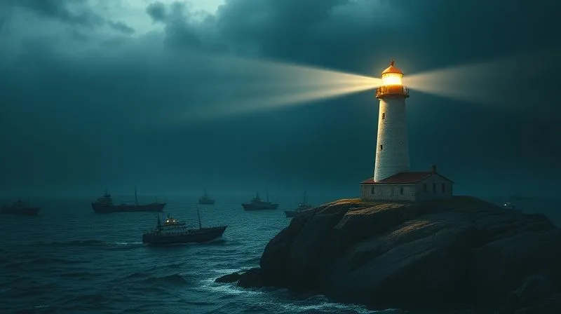 A photorealistic, professional photography, 8K, cinematic lighting, sharp focus, depth of field, shot on a high-end DSLR, showing a tall, brightly lit lighthouse standing firm on a rocky coast, casting a powerful beam of light across a dark, stormy sea where numerous smaller, indistinct ships (representing generalist agencies) struggle in the waves. The lighthouse symbolizes a specialized agency, clear and guiding, amidst a competitive landscape. No text or logos.
