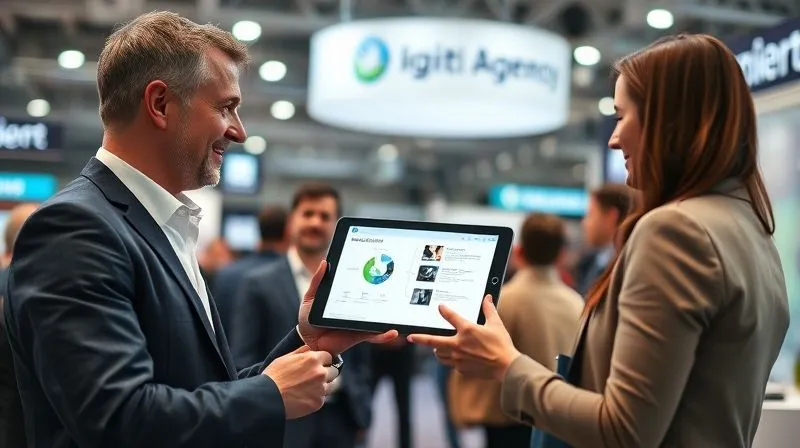 A photorealistic, professional photography, 8K, cinematic lighting, sharp focus, depth of field, shot on a high-end DSLR, showing a confident business professional in a modern, bustling exhibition hall, actively engaging with a potential client. The professional is holding a tablet displaying a compelling presentation, while the background features subtle branding of a digital agency. The interaction is positive and focused, with other attendees blurred in the background, conveying a sense of targeted networking. No text or logos.