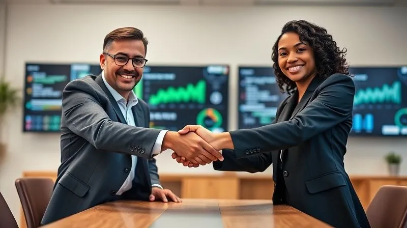 A photorealistic, professional photography, 8K, cinematic lighting, sharp focus, depth of field, shot on a high-end DSLR, showing two diverse business professionals, one male and one female, shaking hands firmly over a table in a modern, bright office setting. Their expressions are confident and collaborative, symbolizing a successful partnership agreement. In the background, subtly blurred, are digital screens displaying business metrics and team collaboration tools. No text or logos.
