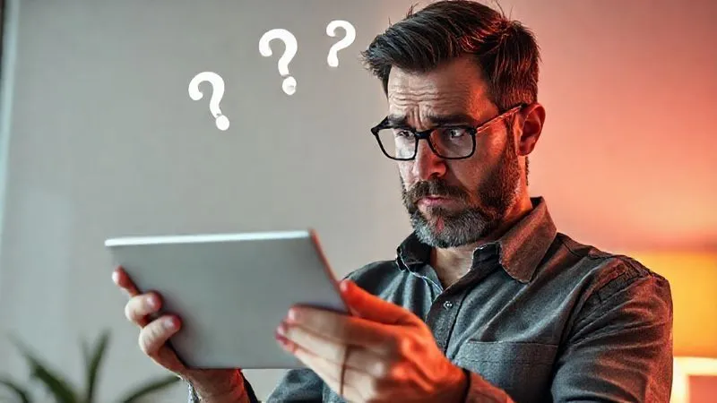 A photorealistic image depicting a frustrated business owner looking at a visually appealing but empty digital portfolio on a tablet, with question marks floating above his head. The scene should convey confusion about the value proposition, with soft, diffused lighting and a slightly desaturated color palette to emphasize the problem. 8K hyper-detailed, shot on a high-end DSLR.