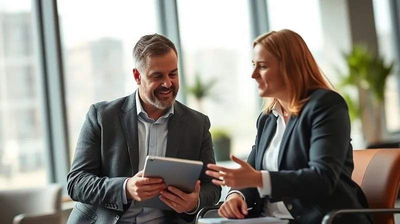 A photorealistic image of a professional digital agency consultant actively listening to a client in a modern, sunlit office. The consultant is taking notes on a tablet, showing empathy and deep understanding. The client is speaking confidently. Cinematic lighting, sharp focus on their interaction, depth of field blurring the background. 8K hyper-detailed, shot on a high-end DSLR.
