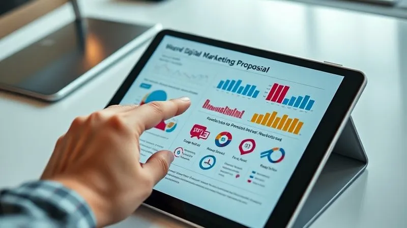 A photorealistic, professional photography image of a meticulously designed digital marketing proposal document open on a sleek tablet, with vibrant charts and clear infographics. A hand points to a key ROI projection. The background is a modern, minimalist desk. Cinematic lighting, sharp focus on the proposal content, depth of field. 8K hyper-detailed, shot on a high-end DSLR.