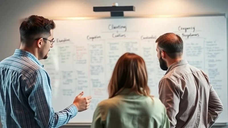 A photorealistic, professional photography image of a digital agency team brainstorming around a whiteboard, mapping out potential client objections and strategic responses. The whiteboard is filled with diagrams and keywords. Cinematic lighting, sharp focus on the team's collaborative energy, depth of field blurring the background. 8K hyper-detailed, shot on a high-end DSLR.
