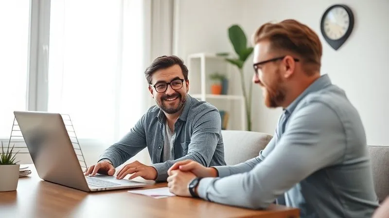 A photorealistic, professional photography image of a digital agency professional conducting a virtual follow-up meeting with a client, both smiling and engaged. A modern laptop displays the proposal document and video call. The setting is a clean, well-lit home office. Cinematic lighting, sharp focus on the interaction, depth of field. 8K hyper-detailed, shot on a high-end DSLR.