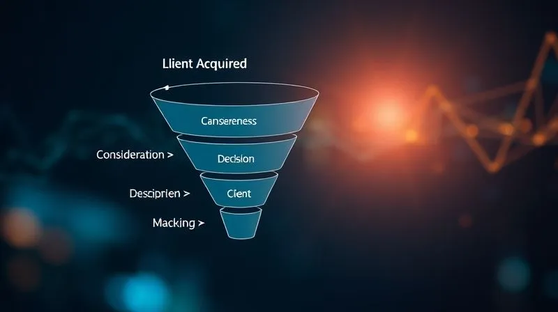 A photorealistic representation of a sales funnel, with distinct stages clearly labeled (Awareness, Consideration, Decision). Arrows indicate the smooth transition of a potential client through the funnel, with subtle digital elements and data points flowing towards a 'Client Acquired' stage. Cinematic lighting, sharp focus, depth of field, 8K hyper-detailed, professional photography, shot on a high-end DSLR.