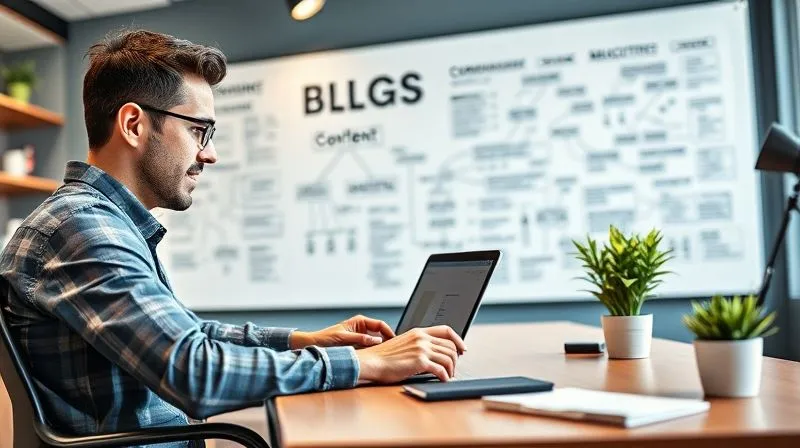 A photorealistic image of a professional marketing strategist at a modern desk, passionately writing a blog post on a laptop, surrounded by brainstormed ideas on a whiteboard. The focus is on the creative process of developing high-value content. Cinematic lighting, sharp focus, depth of field, 8K hyper-detailed, professional photography, shot on a high-end DSLR.