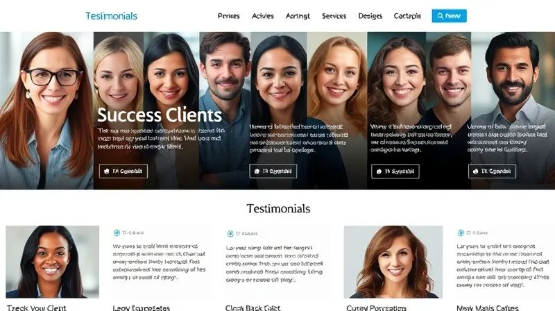 A photorealistic image displaying a professional website's 'Testimonials' section, featuring diverse, smiling client faces alongside compelling quotes about their positive experiences. The layout is clean and trustworthy, with subtle graphical elements emphasizing success and satisfaction. Cinematic lighting, sharp focus on the testimonials, depth of field, 8K hyper-detailed, professional photography, shot on a high-end DSLR.