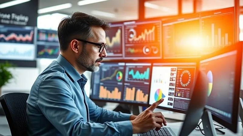 A photorealistic image of a data analyst meticulously examining multiple screens displaying complex graphs, dashboards, and A/B test results. The scene is set in a modern, brightly lit office, with a focus on precision and data-driven decision-making. Cinematic lighting, sharp focus on the data, depth of field, 8K hyper-detailed, professional photography, shot on a high-end DSLR.