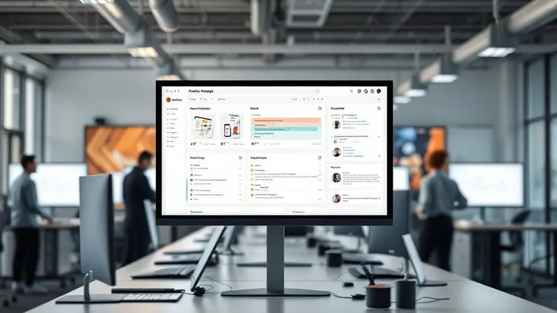 Photorealistic image of a modern, clean digital agency office workspace with multiple screens displaying project management software dashboards (like Asana or Monday.com), showing tasks, timelines, and team collaboration. Cinematic lighting, sharp focus on the screens and a blurred background of creative professionals. 8K hyper-detailed.
