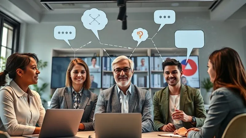 A photorealistic image of a diverse group of professionals (some in an office, some in home offices) engaged in a video conference call, with clear, dynamic speech bubbles and thought clouds connecting them. The scene emphasizes active listening, mutual understanding, and seamless information flow. Cinematic lighting, 8K hyper-detailed, professional photography.