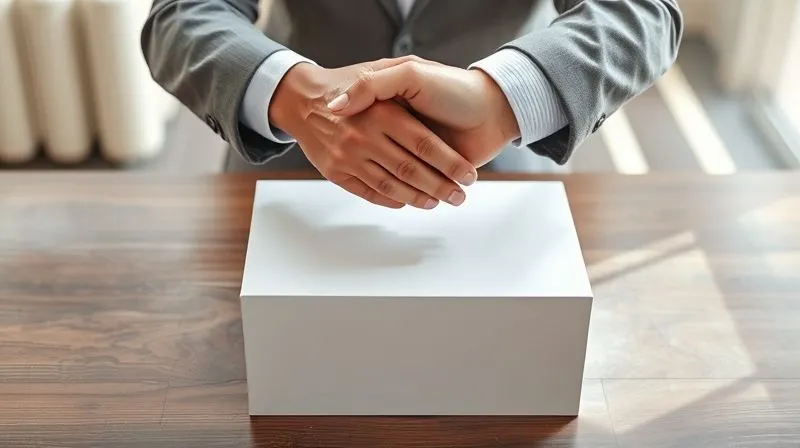 A photorealistic image of two hands shaking over a table with a blank white box, symbolizing a white label partnership and new opportunities. Professional photography, 8K, cinematic lighting, sharp focus, depth of field.