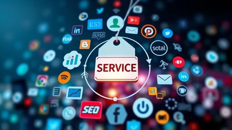 A photorealistic image of a diverse set of digital marketing icons (SEO, social media, analytics, content) arranged in a cohesive circle, with a central spotlight on a 'white label' tag, symbolizing service integration. Professional photography, 8K, cinematic lighting, sharp focus, depth of field.
