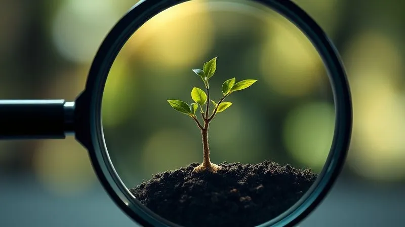 A photorealistic image of a magnifying glass enlarging a small seed that is growing into a strong tree, symbolizing the growth of perceived value from a small investment. Cinematic lighting, sharp focus on the seed and tree, depth of field blurring the background, 8K hyper-detailed, professional photography.