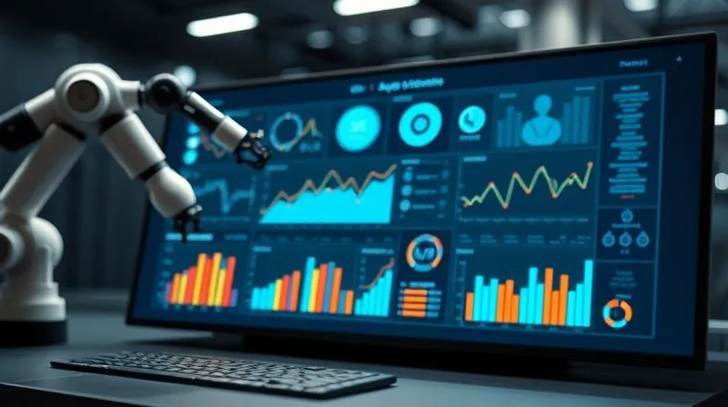 A photorealistic image of a sleek, modern digital dashboard with various charts and graphs, representing efficient project management and automation. Robotic arms are subtly assisting in the background. Cinematic lighting, sharp focus on the dashboard, depth of field, 8K hyper-detailed, professional photography.