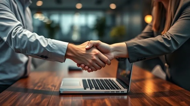 A photorealistic image of two diverse professionals (agency and client) shaking hands across a table with a laptop showing a positive growth chart, symbolizing trust and successful partnership. Cinematic lighting, sharp focus on the handshake, depth of field blurring the office background, 8K hyper-detailed, professional photography.