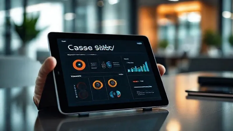 A photorealistic close-up of a digital tablet displaying a sleek, data-rich case study with growth charts and key performance indicators. The screen is sharp and vibrant, showcasing a "Problem, Solution, Result" structure. In the background, subtly blurred, are elements of a professional office environment, suggesting strategic decision-making. Cinematic lighting, sharp focus on the tablet, depth of field blurring the background, 8K hyper-detailed, professional photography, shot on a high-end DSLR.