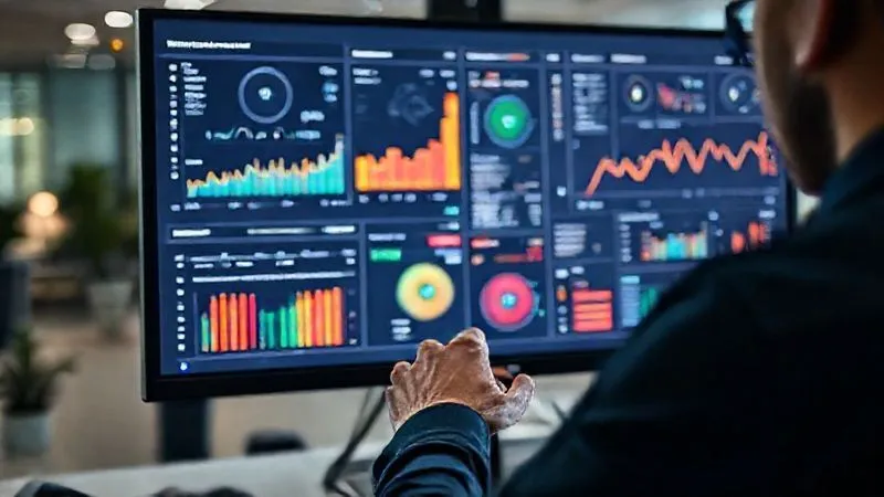 A photorealistic image of a data analyst intently examining a complex dashboard on a large monitor, displaying various metrics like website traffic, conversion rates, and user engagement for a digital portfolio. The screen shows vibrant, interactive graphs and charts. The analyst's hand is on a mouse, indicating active interaction. The setting is a modern, clean office with subtle background elements of technology. Cinematic lighting, sharp focus on the dashboard and analyst, depth of field blurring the office, 8K hyper-detailed, professional photography, shot on a high-end DSLR.
