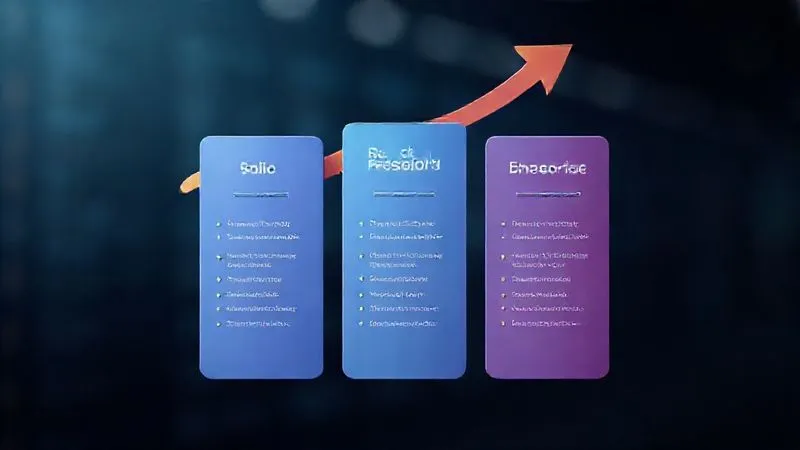 A photorealistic image of a sleek, minimalist infographic displaying three distinct pricing tiers for web hosting services (Basic, Professional, Enterprise). Each tier column shows features and a clear price point, with an arrow pointing upwards indicating growth and scalability. The design is clean, professional, and uses a subtle gradient for emphasis. Cinematic lighting, sharp focus on the pricing details, depth of field blurring the background slightly. 8K hyper-detailed, shot on a high-end DSLR.