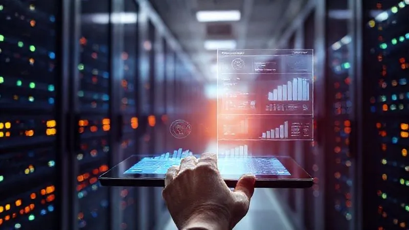 A photorealistic image of a sleek, modern server room with rows of glowing server racks, overlaid with a transparent digital interface showing automated processes, data flow, and efficiency metrics. A single, focused human hand is interacting with a tablet displaying a management dashboard. Cinematic lighting, sharp focus on the digital interface and the hand, depth of field blurring the background servers. 8K hyper-detailed, shot on a high-end DSLR.