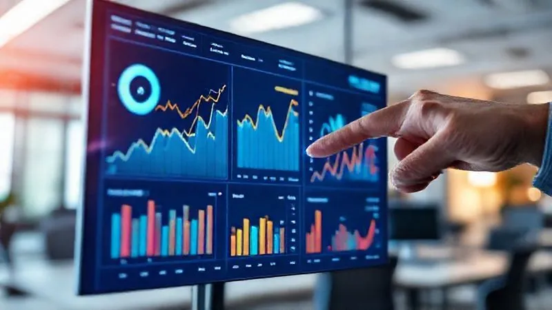 A photorealistic image of a sophisticated, glowing digital dashboard displaying various financial and performance KPIs related to web hosting. Graphs show revenue growth, customer retention rates, and server uptime. The interface is clean and modern, with subtle animations. A hand points to a specific metric on the screen, indicating analysis. Cinematic lighting, sharp focus on the dashboard, depth of field blurring a background office. 8K hyper-detailed, shot on a high-end DSLR.