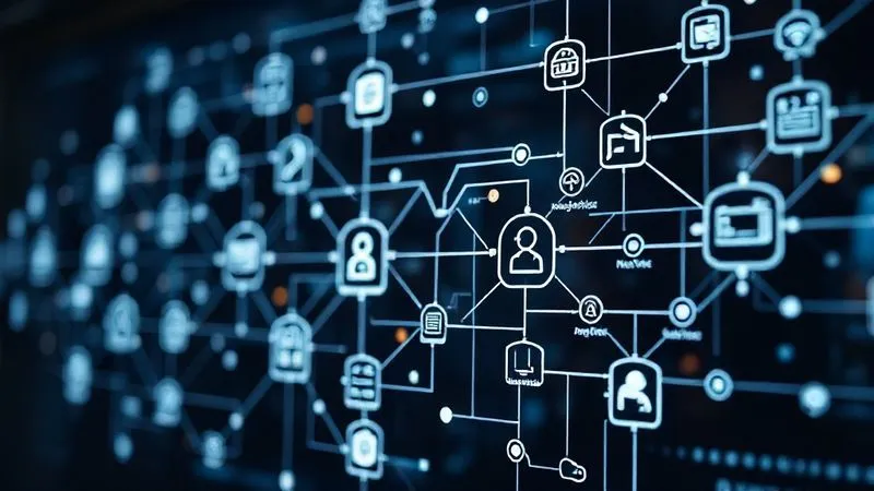 photorealistic, professional photography, 8K, cinematic lighting, sharp focus, depth of field, shot on a high-end DSLR, a complex digital flowchart with interconnected nodes and lines, representing automated workflows in an agency, with data flowing seamlessly between different software icons (CRM, project management, marketing automation), clean and modern aesthetic, symbolizing efficiency.