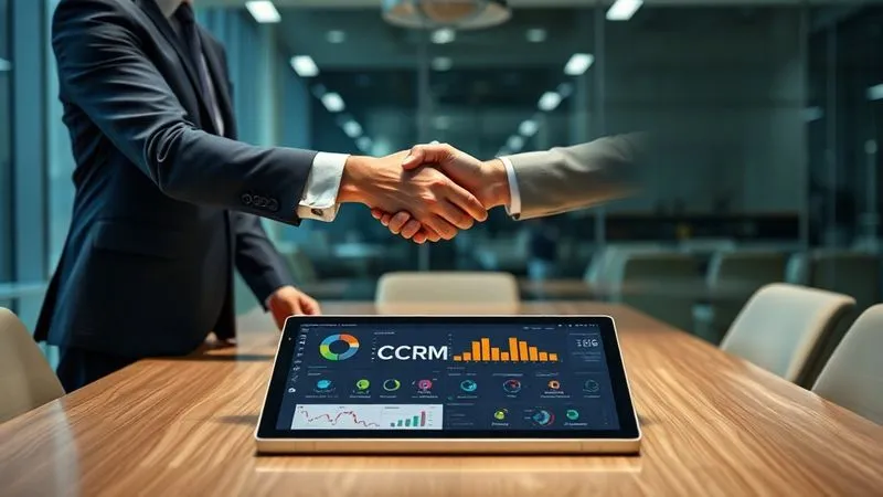 photorealistic, professional photography, 8K, cinematic lighting, sharp focus, depth of field, shot on a high-end DSLR, two business professionals (an agency representative and a client) shaking hands across a modern conference table, a tablet displaying a detailed client relationship management (CRM) dashboard in the foreground, conveying trust, partnership, and successful negotiation.