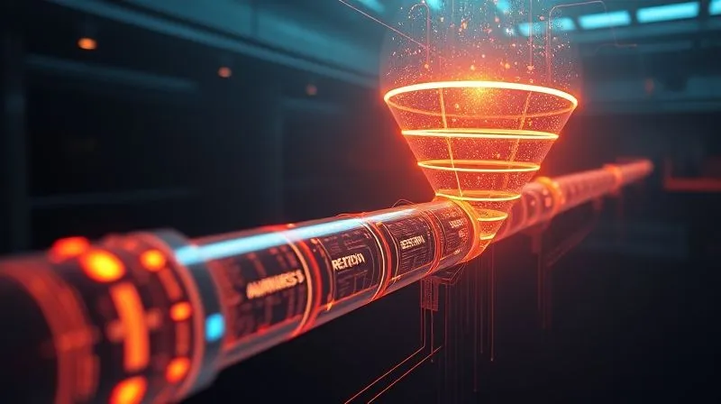 A photorealistic image of a complex sales funnel, depicted as a sophisticated, glowing digital pipeline, with various stages clearly labeled (Awareness, Consideration, Decision, Retention) and data flowing through it, cinematic lighting, sharp focus, 8K hyper-detailed.