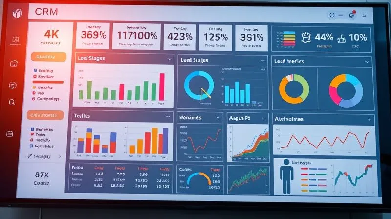 A photorealistic image of a modern CRM dashboard, displaying various sales metrics, lead stages, and customer interaction timelines. The interface is clean and intuitive, with data visualizations like bar charts and pie charts, cinematic lighting, sharp focus, 8K hyper-detailed.