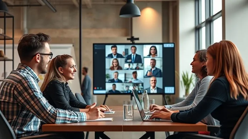 A photorealistic image of a diverse team of marketing professionals (representing an agency) in a modern office, collaborating with a client via video conference on a large screen, showing engagement and positive interaction. Cinematic lighting, sharp focus, 8K hyper-detailed.