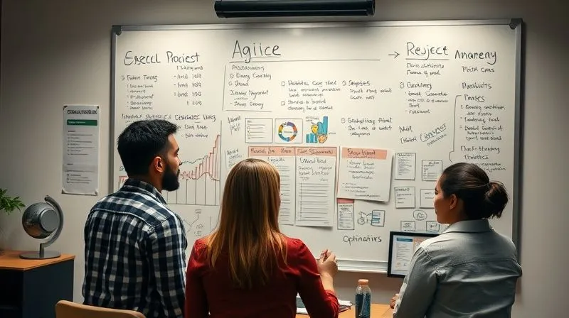 A photorealistic image of a team gathered around a whiteboard covered with agile project management notes, data charts, and brainstorming ideas, indicating a dynamic process of continuous improvement and strategy optimization. Cinematic lighting, sharp focus, 8K hyper-detailed.