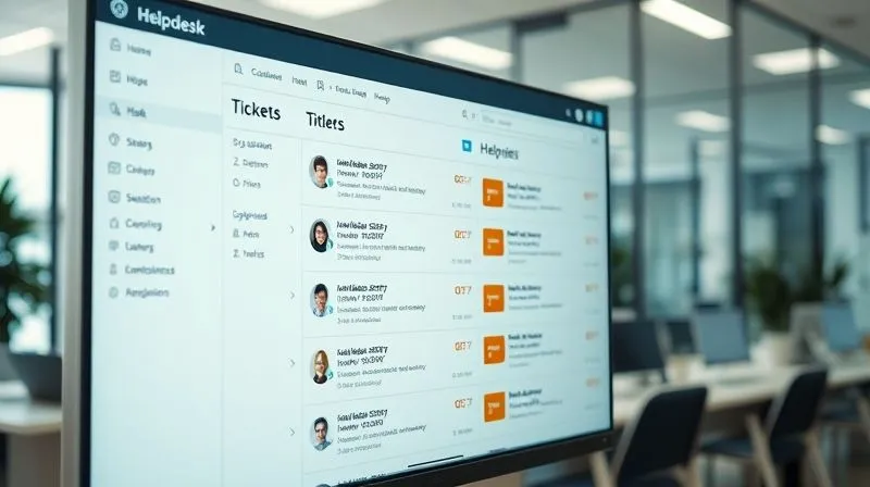 A photorealistic image of a sleek, modern helpdesk software interface on a large monitor, displaying various customer support tickets with status updates and agent assignments. The screen is in sharp focus, with a professional, organized office environment blurred in the background. Cinematic lighting, 8K hyper-detailed, professional photography, shot on a high-end DSLR.
