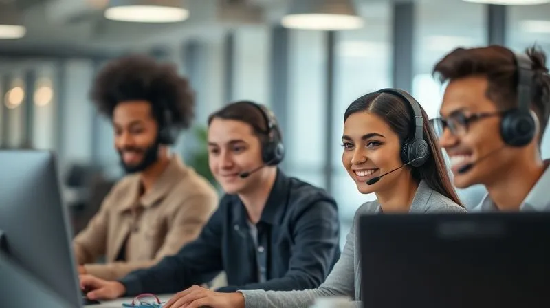 A photorealistic image of a diverse, professional customer support team, with headsets, smiling and actively working in a modern, collaborative office space. They are looking engaged and efficient. Cinematic lighting, sharp focus on the team members, depth of field blurring the background office details. 8K hyper-detailed, professional photography, shot on a high-end DSLR.
