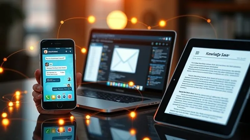 A photorealistic image depicting various digital communication channels converging: a smartphone with a chat app, a laptop displaying an email client, and a tablet with a knowledge base article. All devices are glowing subtly, connected by faint digital lines, symbolizing seamless integration and accessibility. Cinematic lighting, sharp focus, depth of field. 8K hyper-detailed, professional photography, shot on a high-end DSLR.