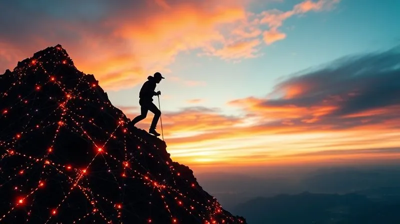 A photorealistic image of a person confidently climbing a steep, challenging digital mountain made of glowing data points and network lines, symbolizing overcoming complex technical and business obstacles. The person's silhouette is strong against a dramatic, cinematic sky. Sharp focus on the climber, depth of field blurring the distant digital landscape. 8K hyper-detailed, professional photography, shot on a high-end DSLR.