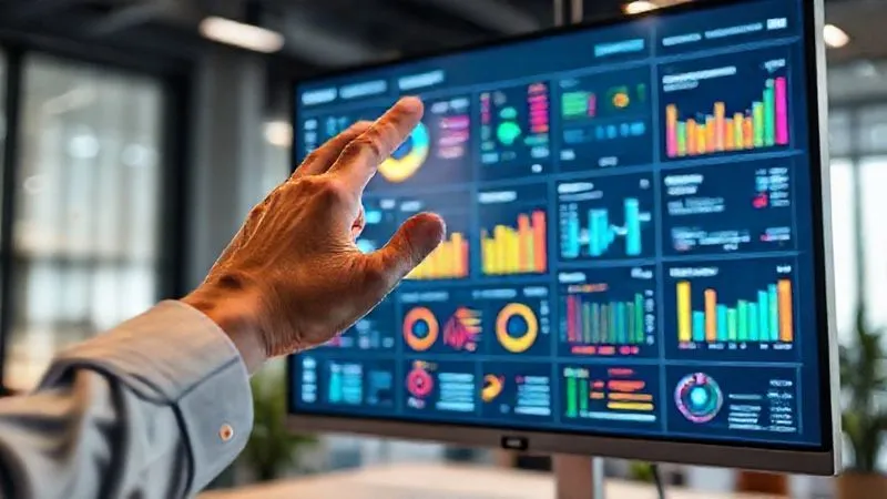 A photorealistic, professional photography image of a vibrant, interactive digital dashboard on a large monitor, displaying various marketing metrics with colorful charts, graphs, and clear KPIs. The dashboard is clean and modern, with a user's hand hovering over a touchscreen, suggesting interaction. Cinematic lighting, sharp focus on the dashboard details, depth of field blurring a modern office background, 8K hyper-detailed, shot on a high-end DSLR, conveying clarity and user-friendliness.