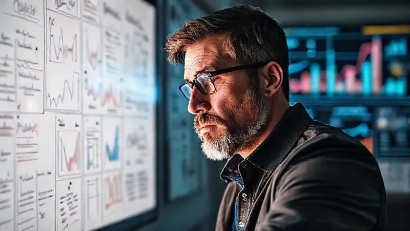 A photorealistic, professional photography image of a marketing professional (human) deeply focused on analyzing data visualizations on a large, high-resolution screen, surrounded by whiteboards with strategic notes and ideas. The individual has a thoughtful, problem-solving expression. Cinematic lighting, sharp focus on the person and screen, depth of field blurring the background, 8K hyper-detailed, shot on a high-end DSLR, conveying human insight and strategic thinking.